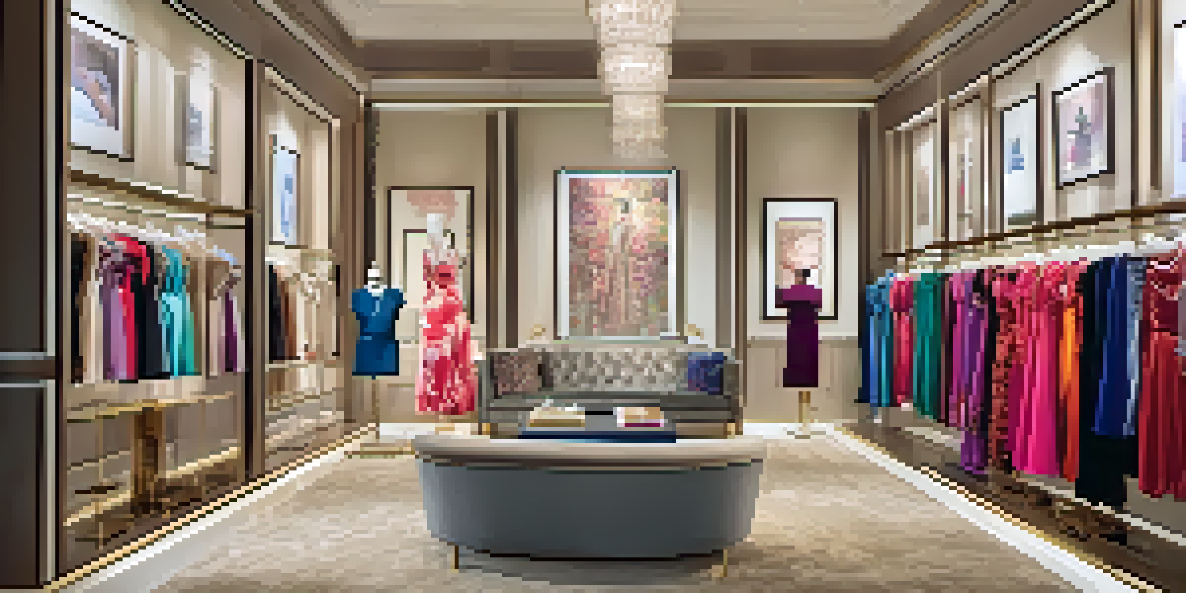An elegant fashion rental boutique filled with designer dresses and accessories, featuring soft lighting and stylish decor.
