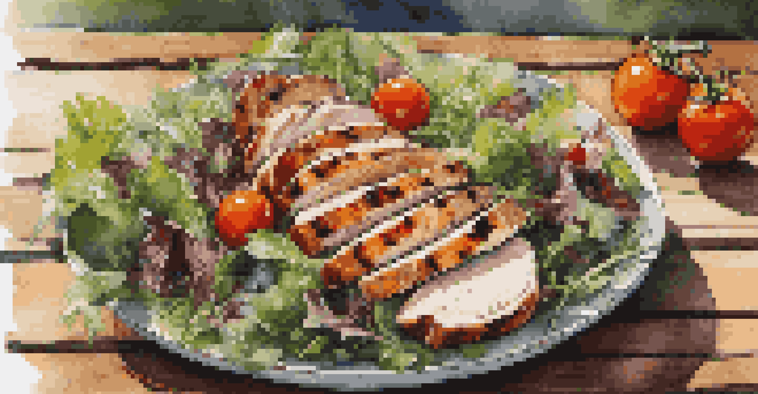 A colorful plate of fresh salad with greens, tomatoes, and grilled chicken on a rustic wooden table.