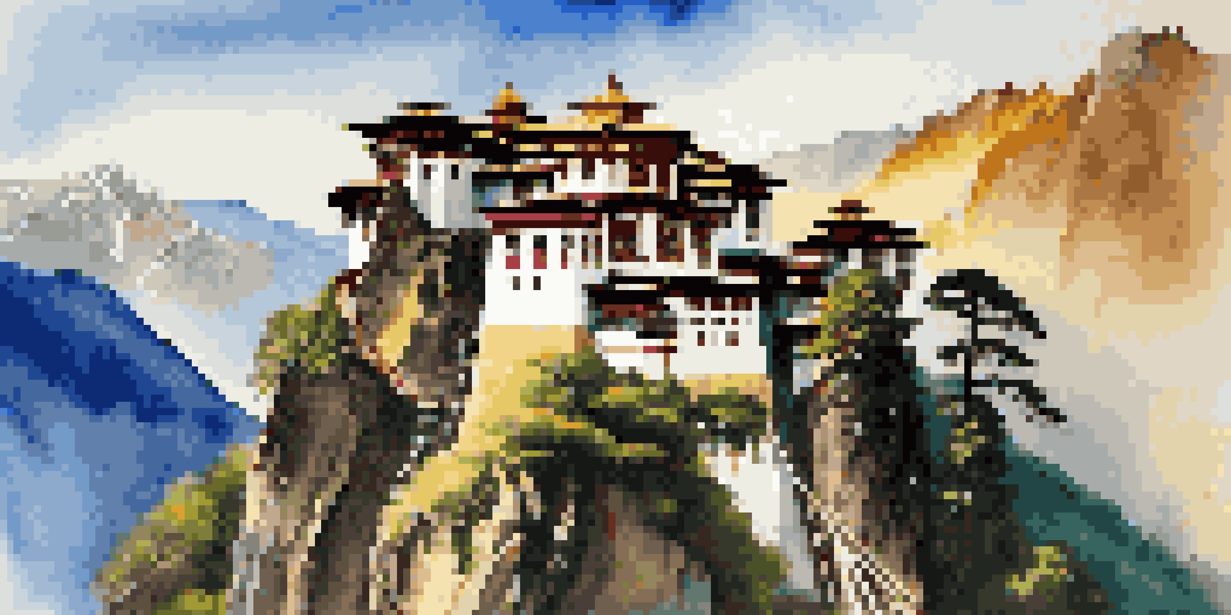 A scenic view of Tiger's Nest Monastery in Bhutan, located on a cliff with lush green surroundings and snow-capped mountains in the background, illuminated by golden sunlight.