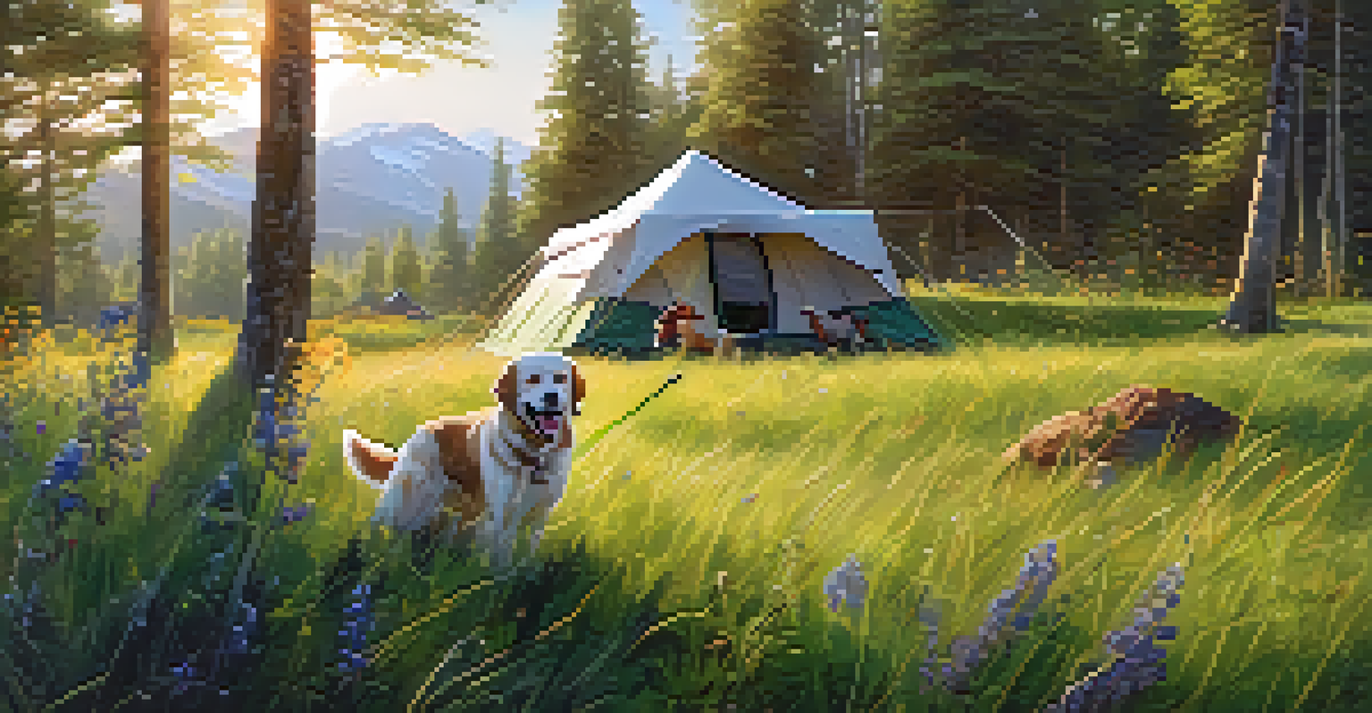 A playful dog in a meadow, fetching a ball near a luxury camping tent, with beautiful wildflowers around.