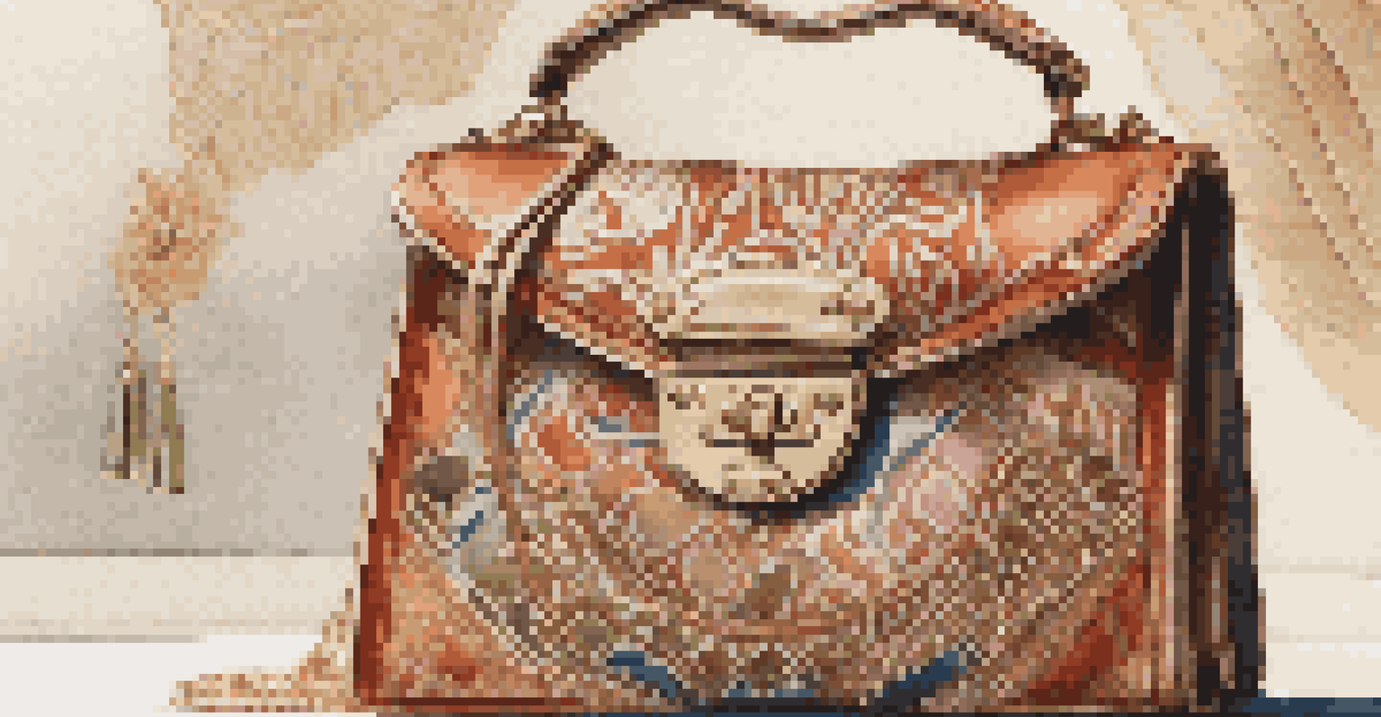 A close-up of an eco-friendly luxury handbag on traditional fabric, illuminated by natural light, showcasing fine craftsmanship and detail.