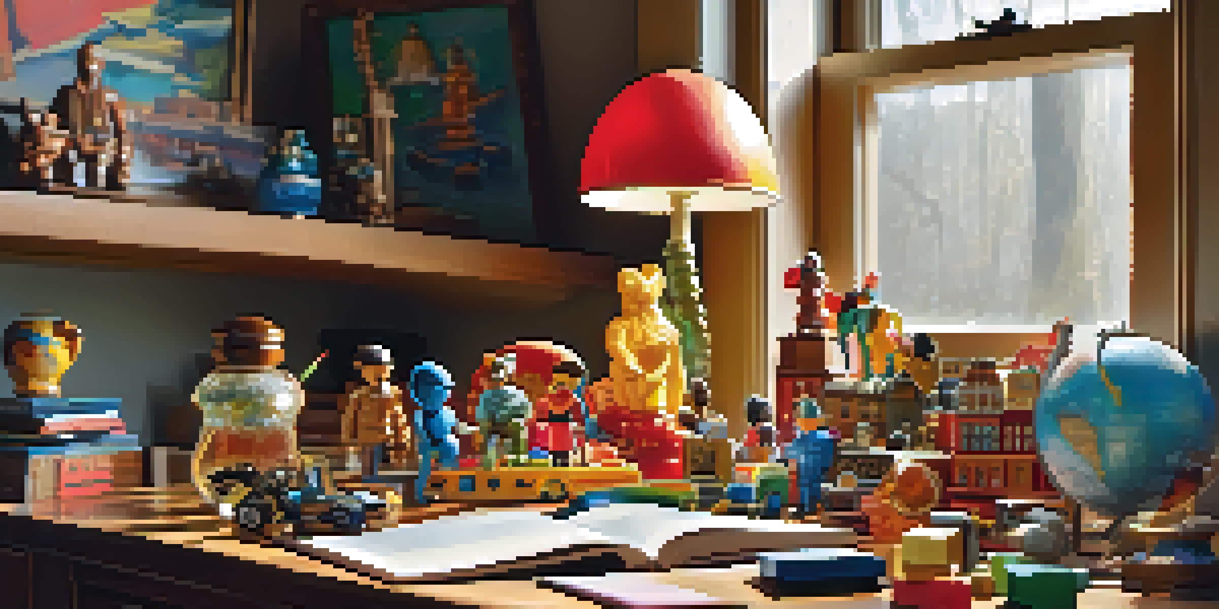 A warm and inviting study room showcasing a variety of vintage toys and art pieces, illuminated by soft sunlight.
