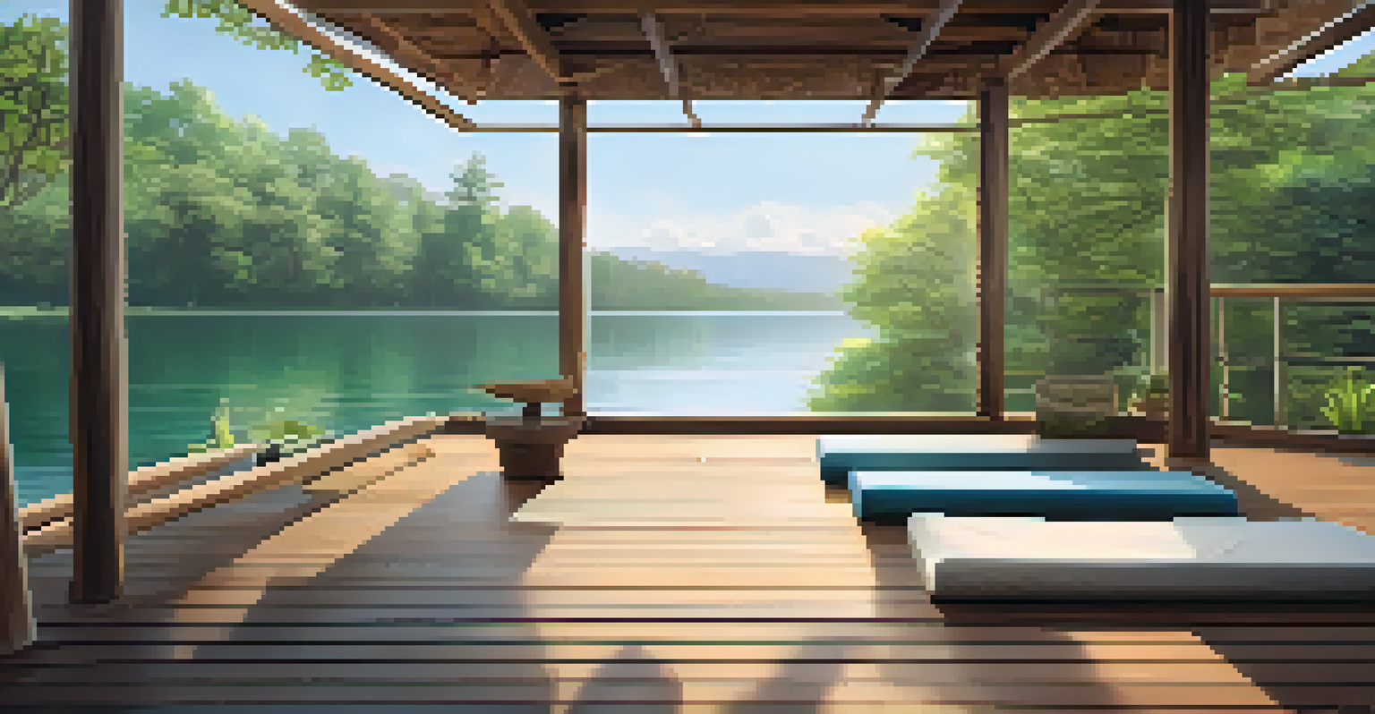 A peaceful outdoor wellness retreat with yoga mats on a deck by a calm lake, surrounded by greenery and soft sunlight.