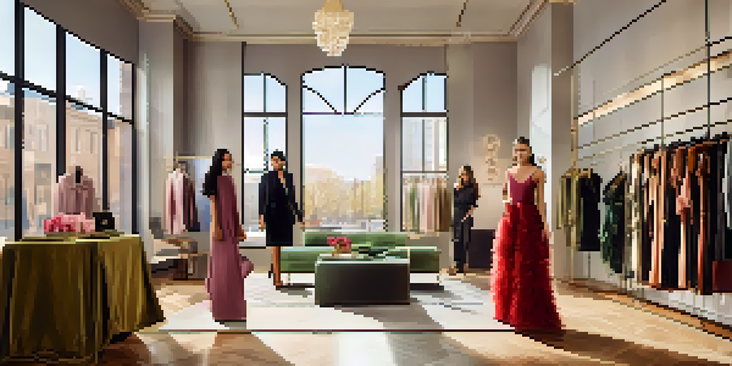 A modern boutique with young adults trying on luxury fashion in a stylish urban setting, illuminated by natural light.