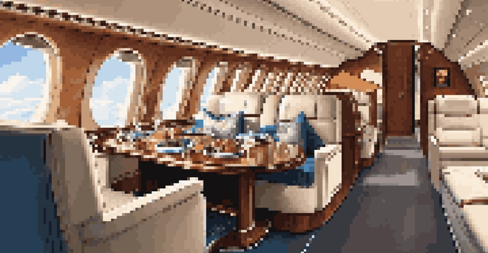 Interior of a private jet with plush leather seating, elegant lighting, and a gourmet meal on a table, with clouds visible through large windows.