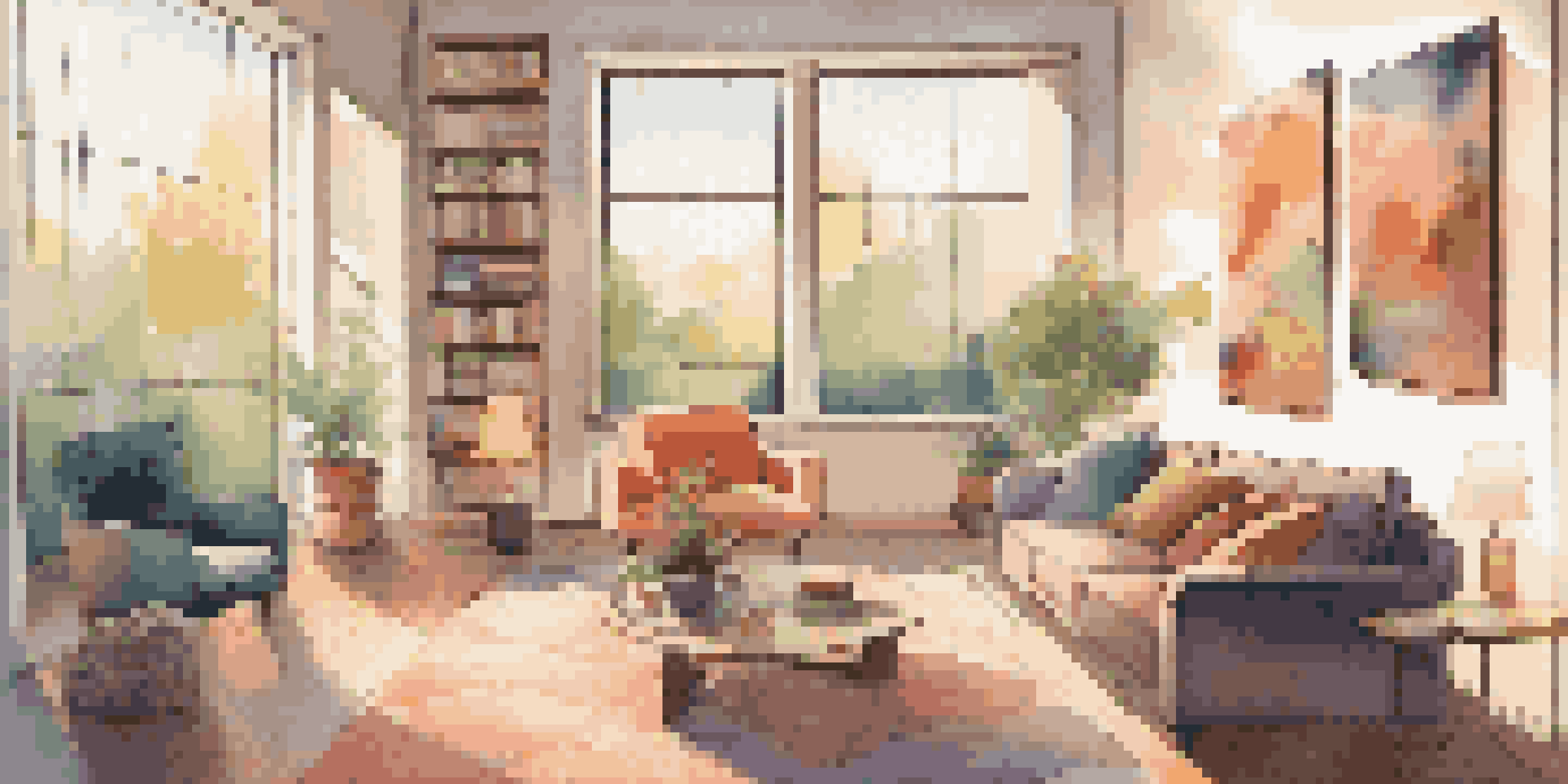 A cozy living room with a modern screen showing a virtual art gallery, warm lighting, and colorful abstract paintings on the walls.