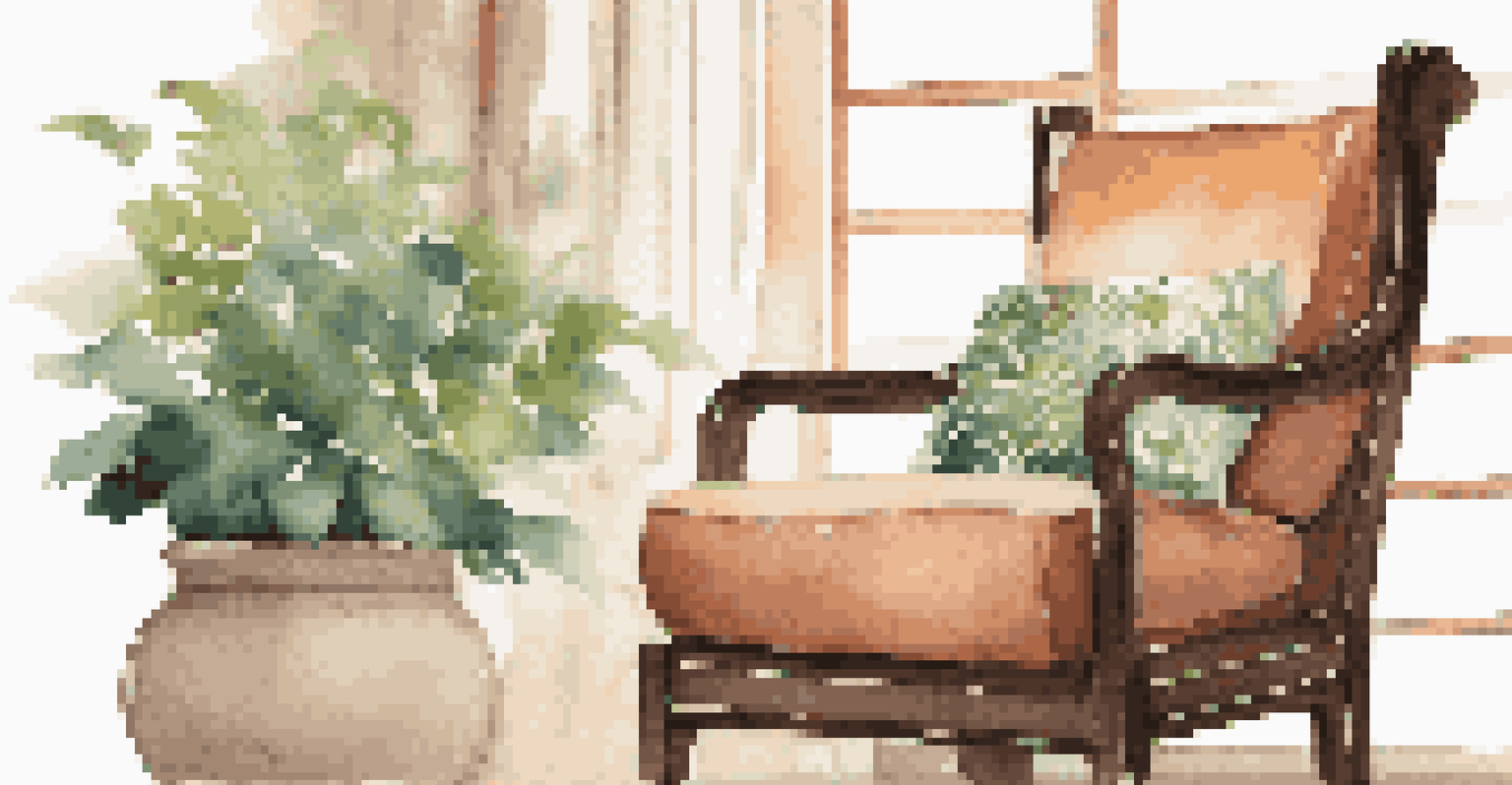 A cozy reading nook with an armchair displaying Japanese motifs, a wooden side table with tea, and a potted plant.