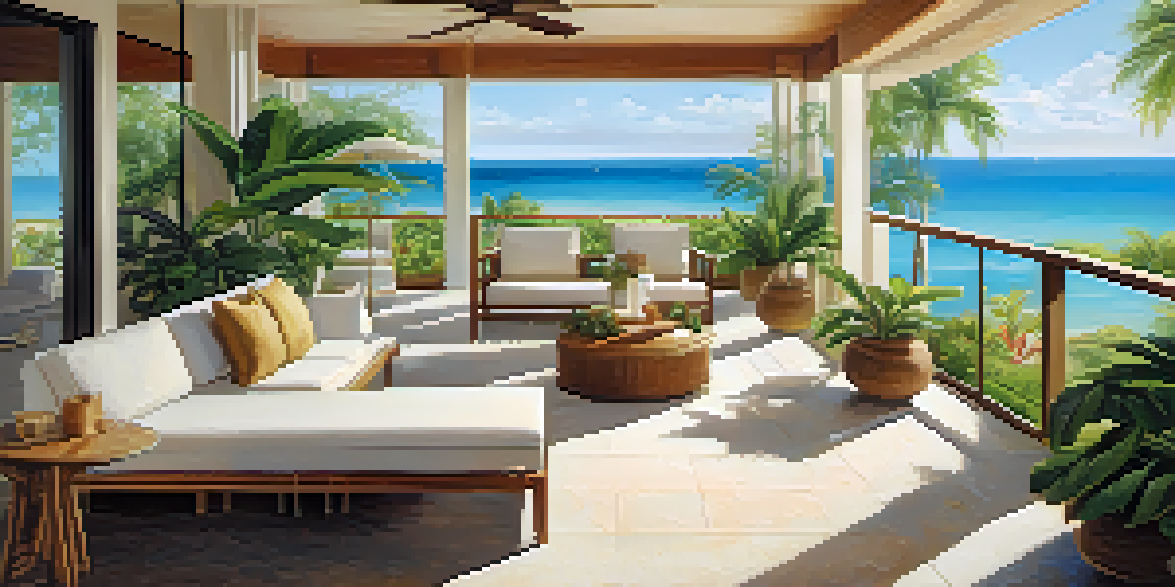 A modern terrace overlooking the ocean, set up for a corporate retreat with comfortable seating and tropical plants, under warm sunlight.