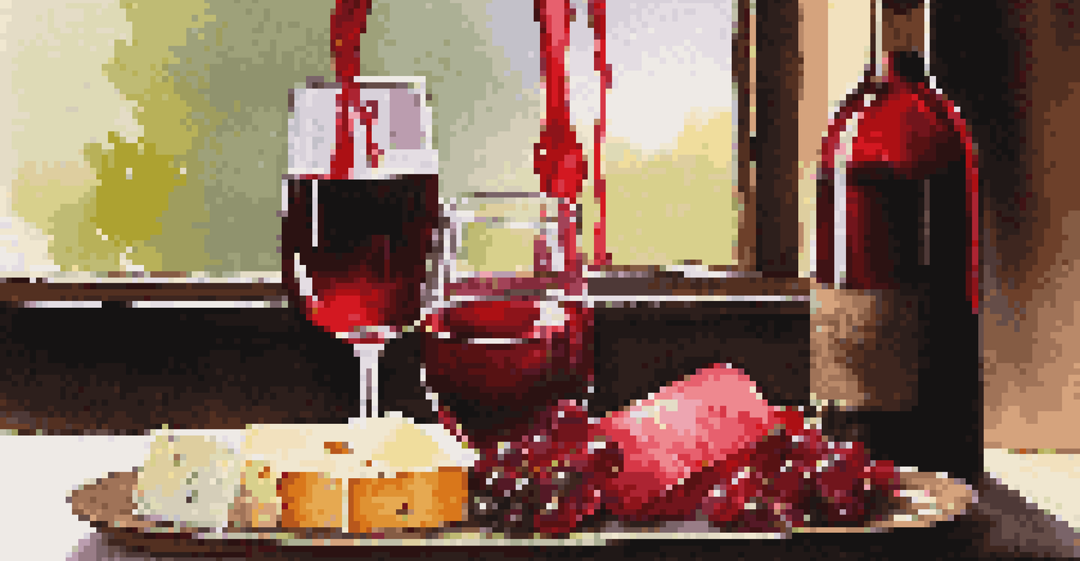 A close-up of red wine being poured into a glass, surrounded by cheese and fruit on a rustic wooden table.