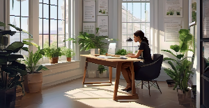 A woman working at a desk with a laptop, surrounded by plants and inspirational quotes.