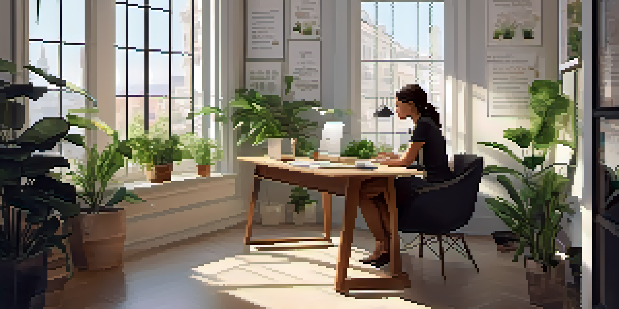 A woman working at a desk with a laptop, surrounded by plants and inspirational quotes.