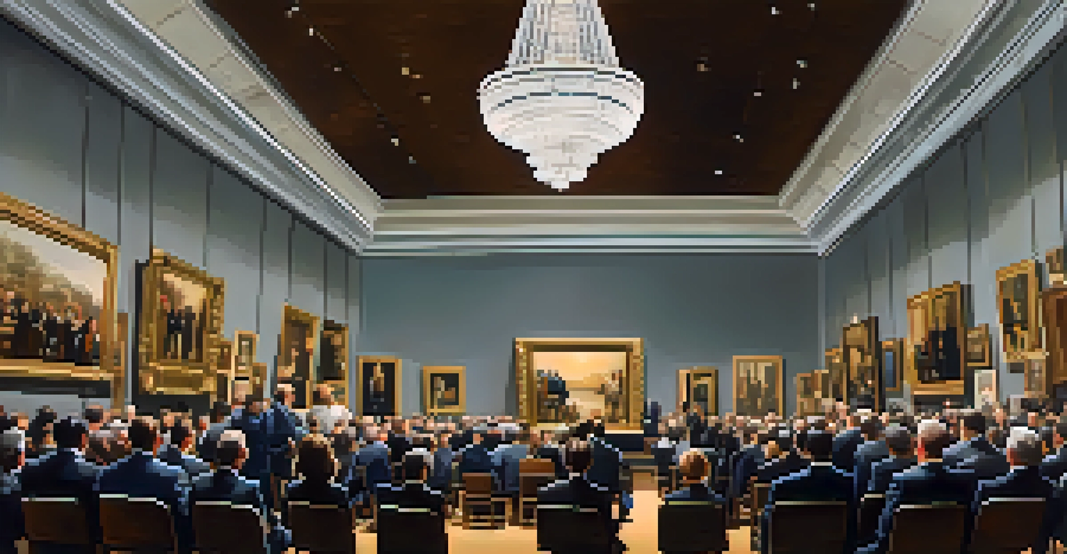 An auction room with luxury modern artworks and bidders participating in an exciting auction atmosphere.