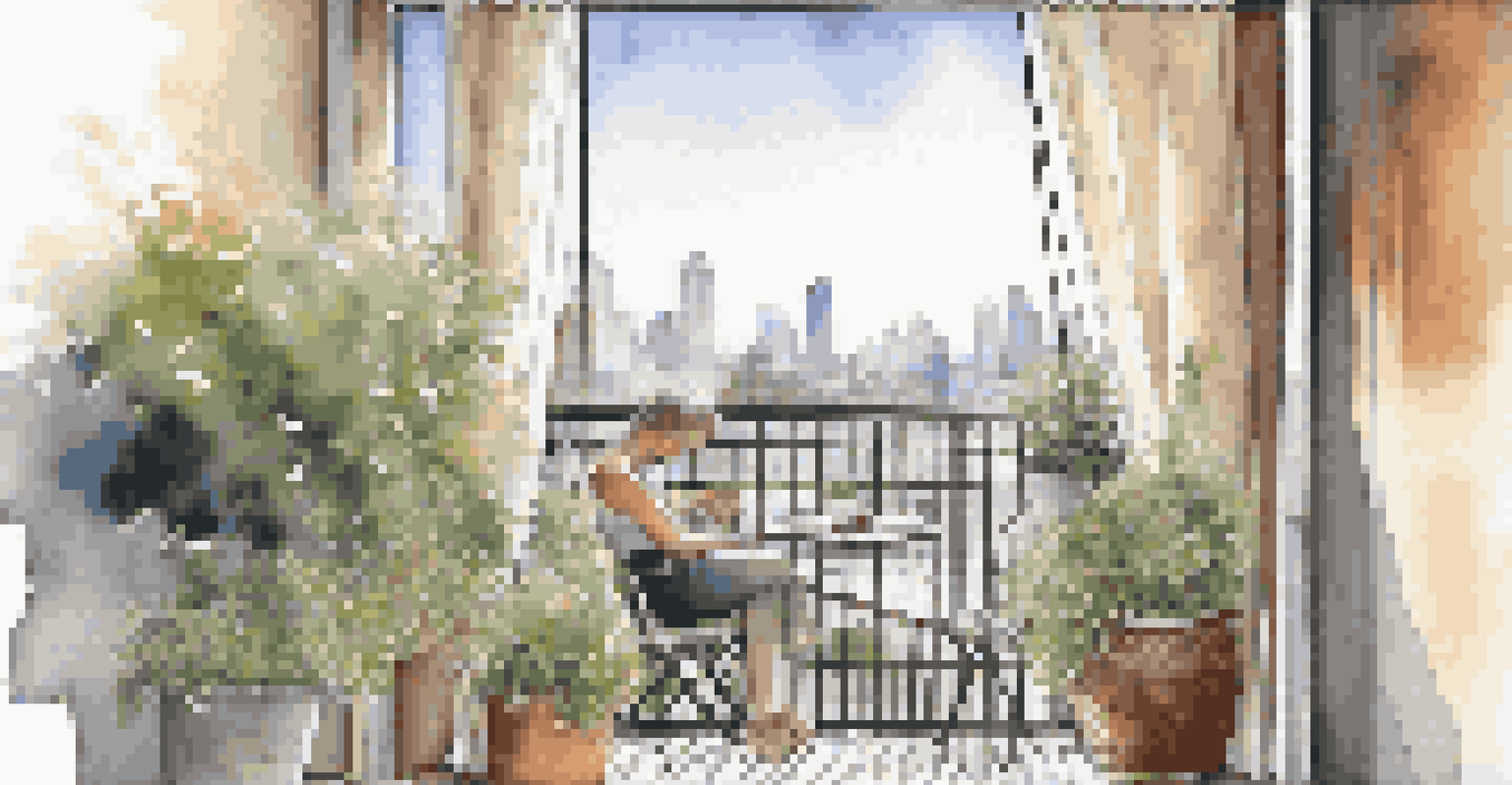 A cozy balcony with vertical gardens and flowing curtains, with a person sipping coffee and a city skyline in the background.