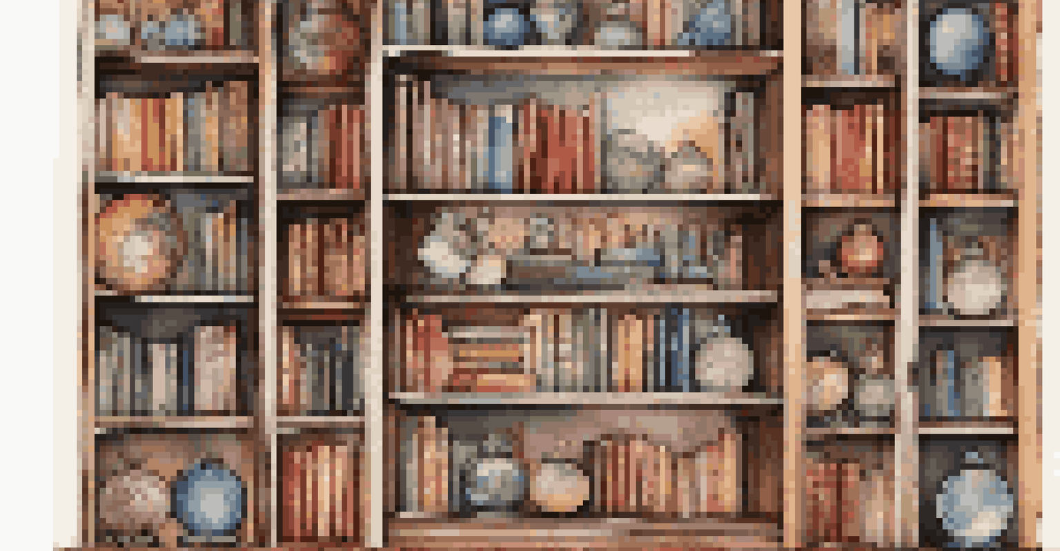 A detailed view of a bookshelf organized by color, featuring decorative items such as vintage globes and art prints alongside the books, enhancing its visual appeal.