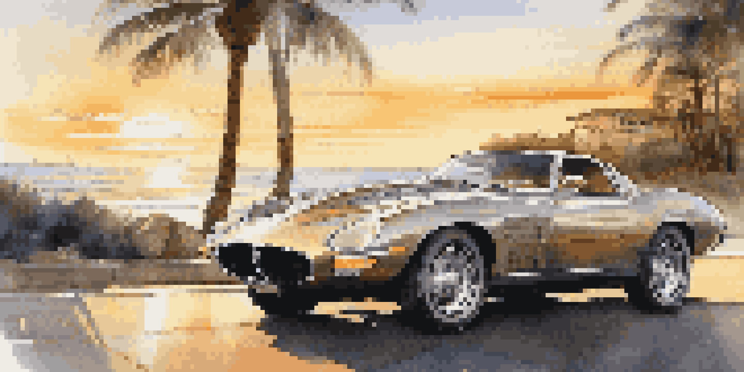 A luxury sports car parked on a beautiful coastal highway at sunset, with the ocean and palm trees in the background.