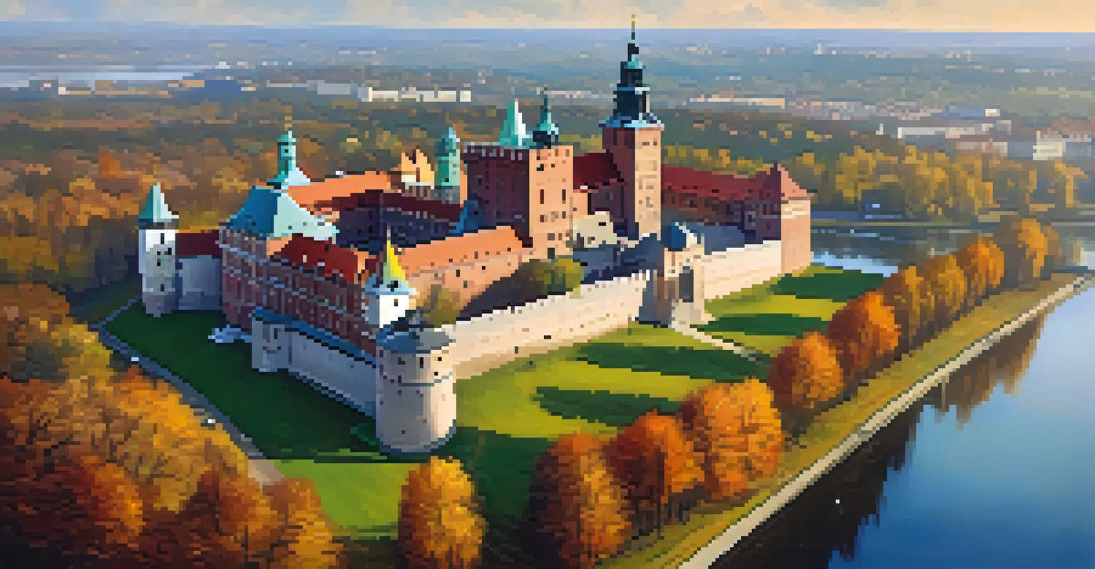 An aerial view of Wawel Castle in Krakow surrounded by autumn colors and a river.