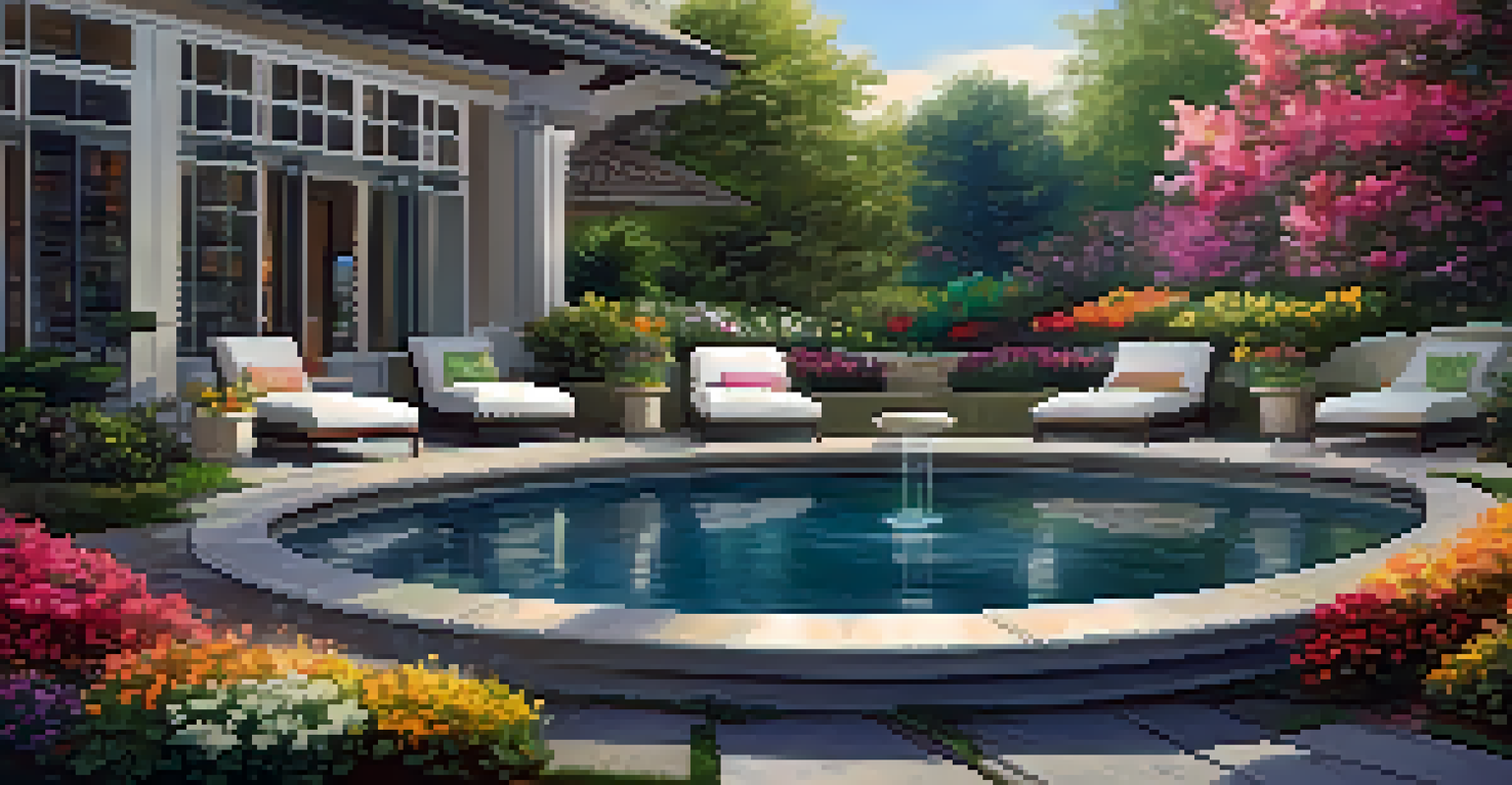 A luxurious garden relaxation area with comfortable seating, colorful flowers, and ambient lighting near a fountain.