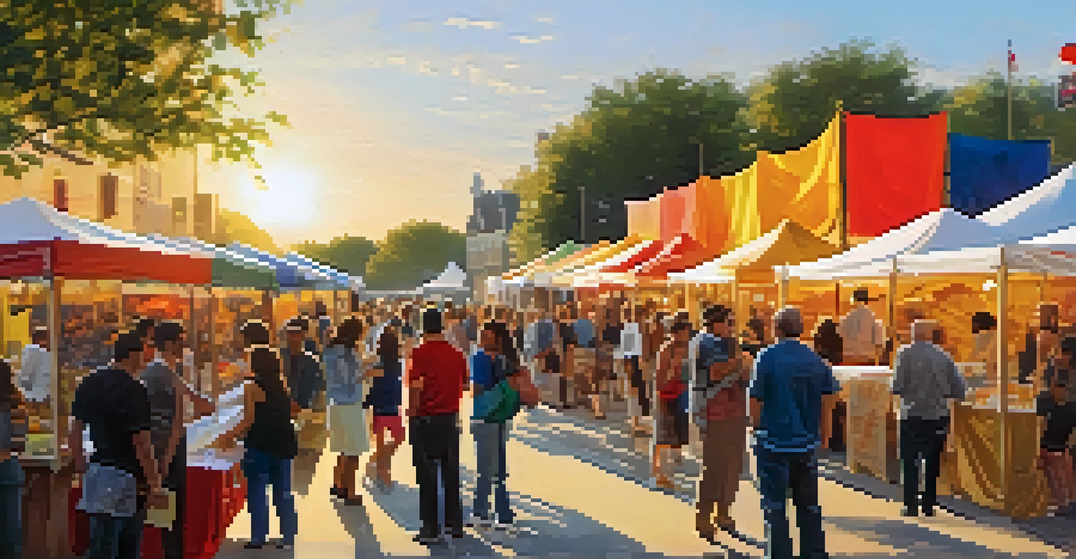 An outdoor art fair with visitors exploring booths and artists engaging with patrons.