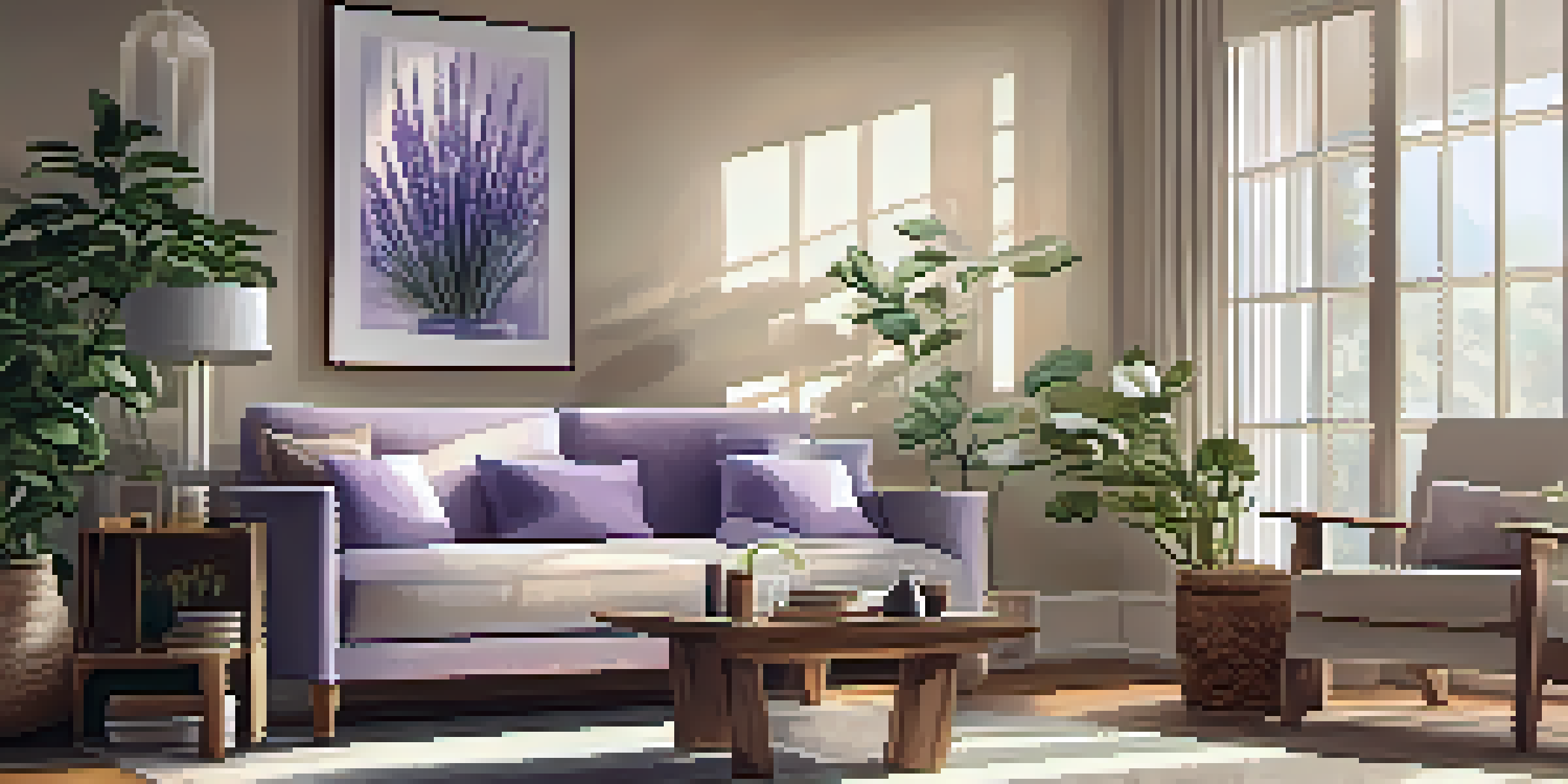 A peaceful living room scene with a diffuser releasing lavender mist, sunlight illuminating the space, and a cozy sofa with indoor plants.
