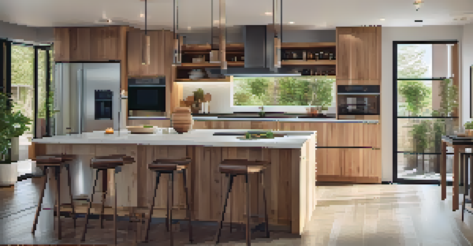 A contemporary kitchen with smart appliances and natural materials, illuminated by soft warm lighting, creating a cozy atmosphere.