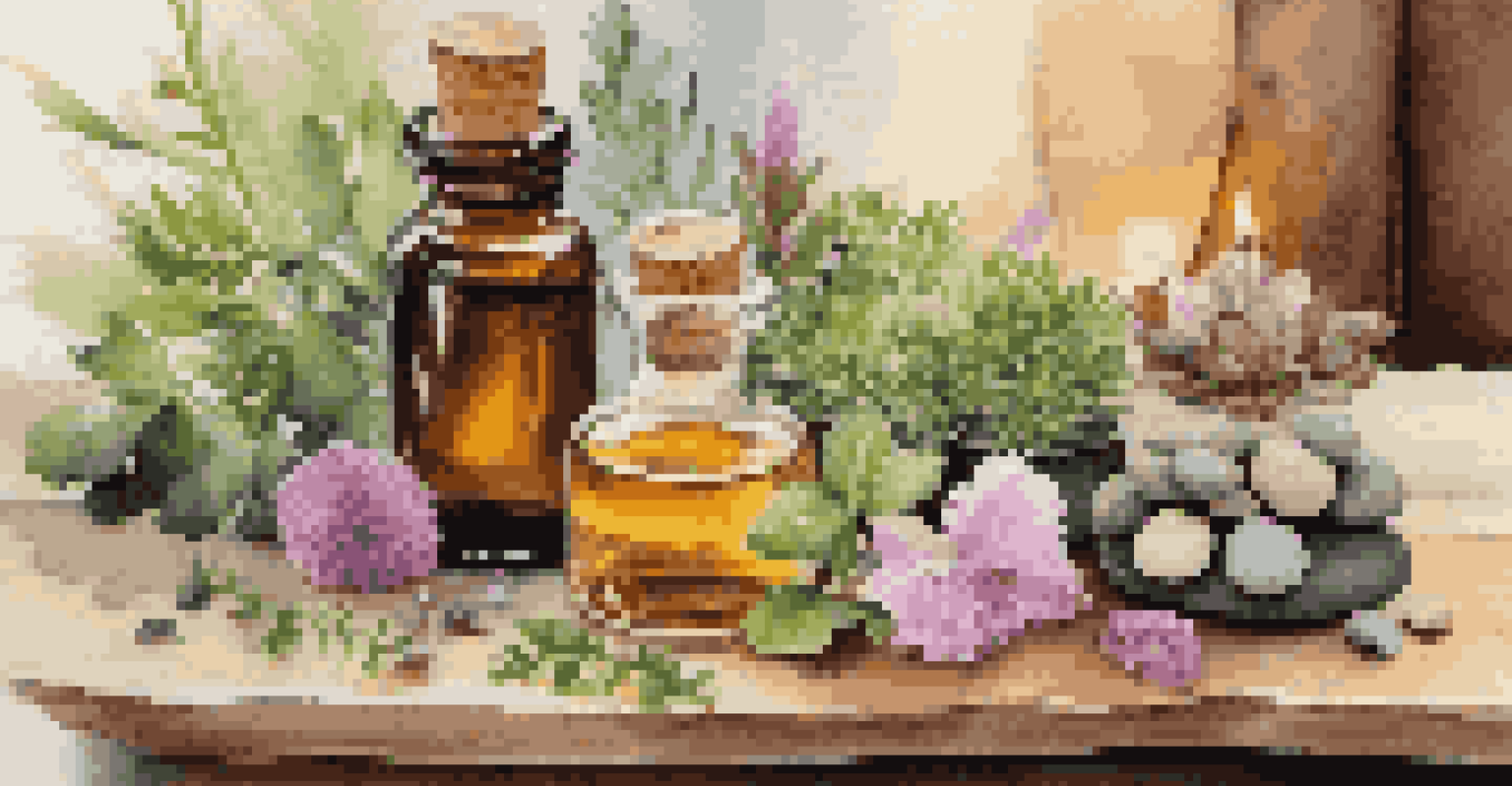 A close-up of glass bottles of essential oils, fresh herbs, and flowers on a wooden table, illuminated by warm candlelight.