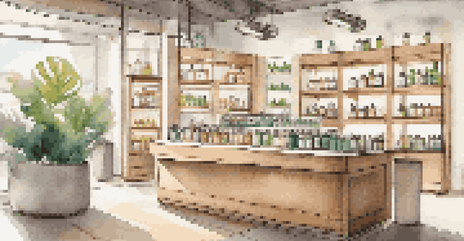 An eco-friendly refill station with various refillable containers made from sustainable materials in a chic retail environment.