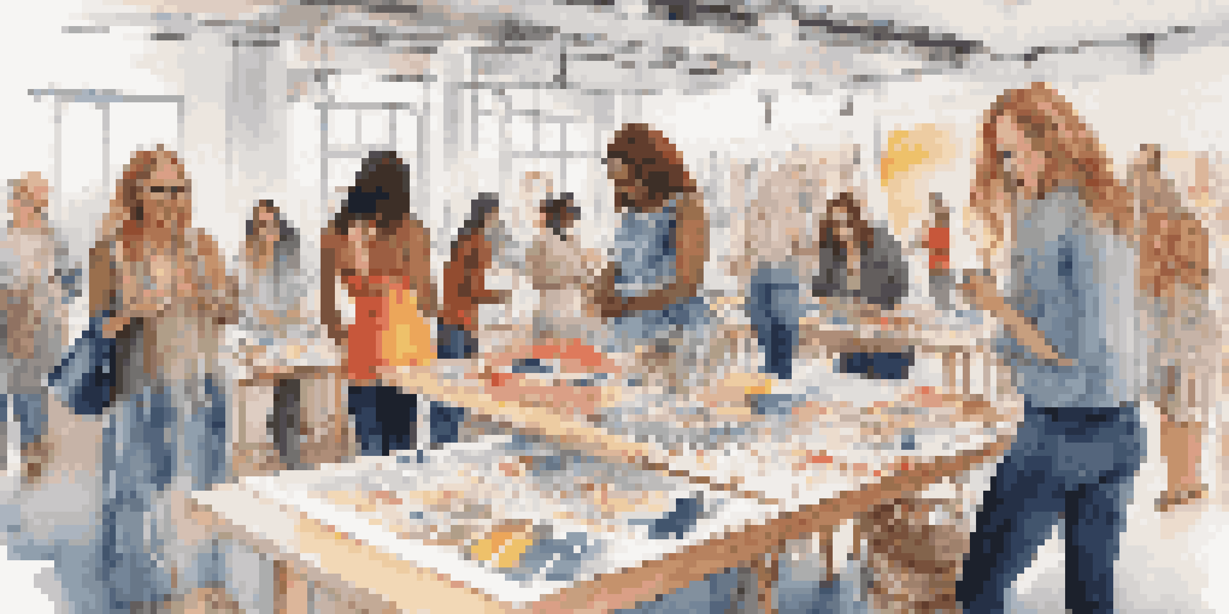 A diverse group of people participating in a fashion design workshop, surrounded by colorful fabrics and tools in a well-lit space.