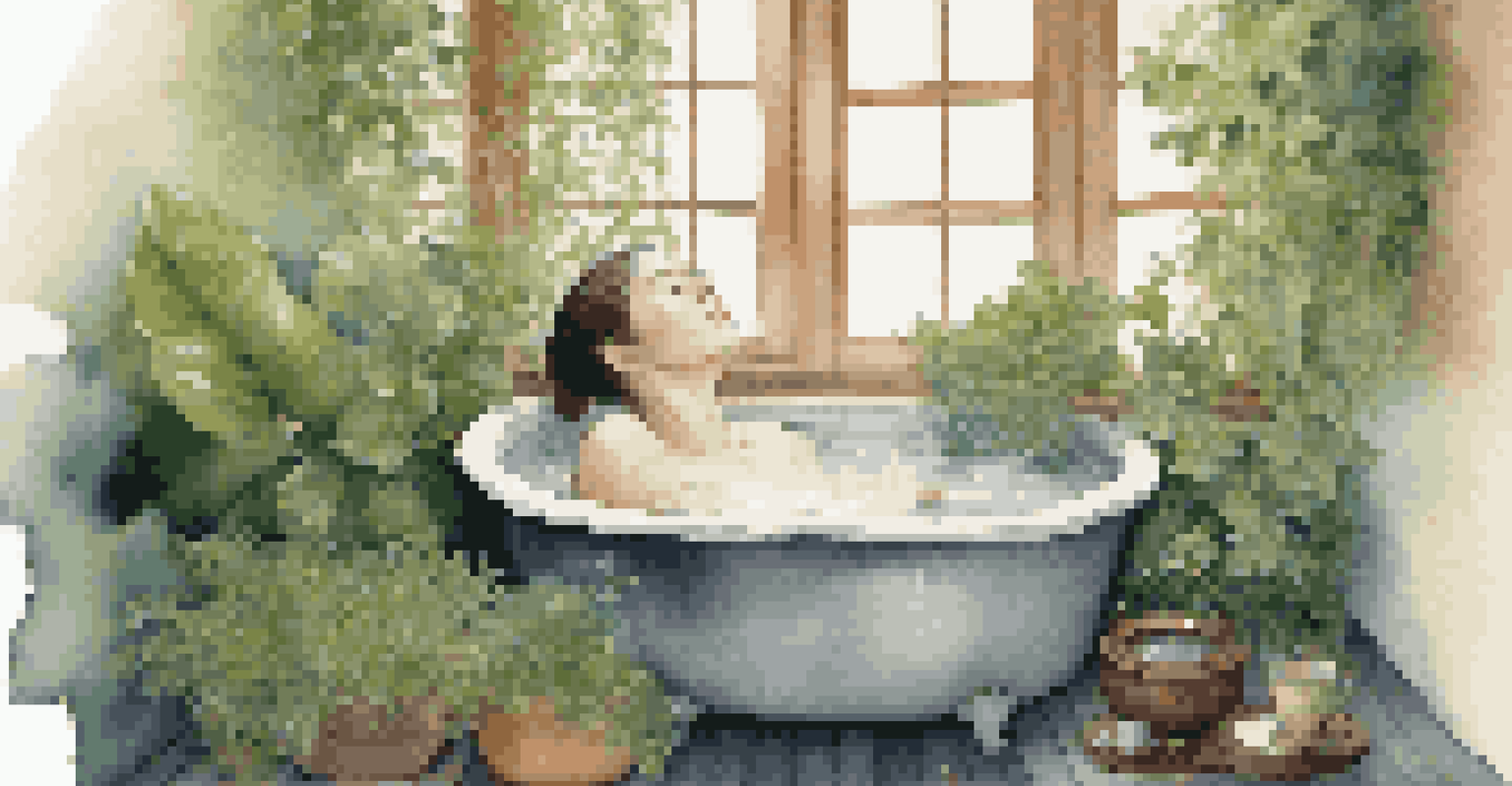 A person relaxing in a bath, surrounded by plants and soft lighting, with a cup of herbal tea on a tray.