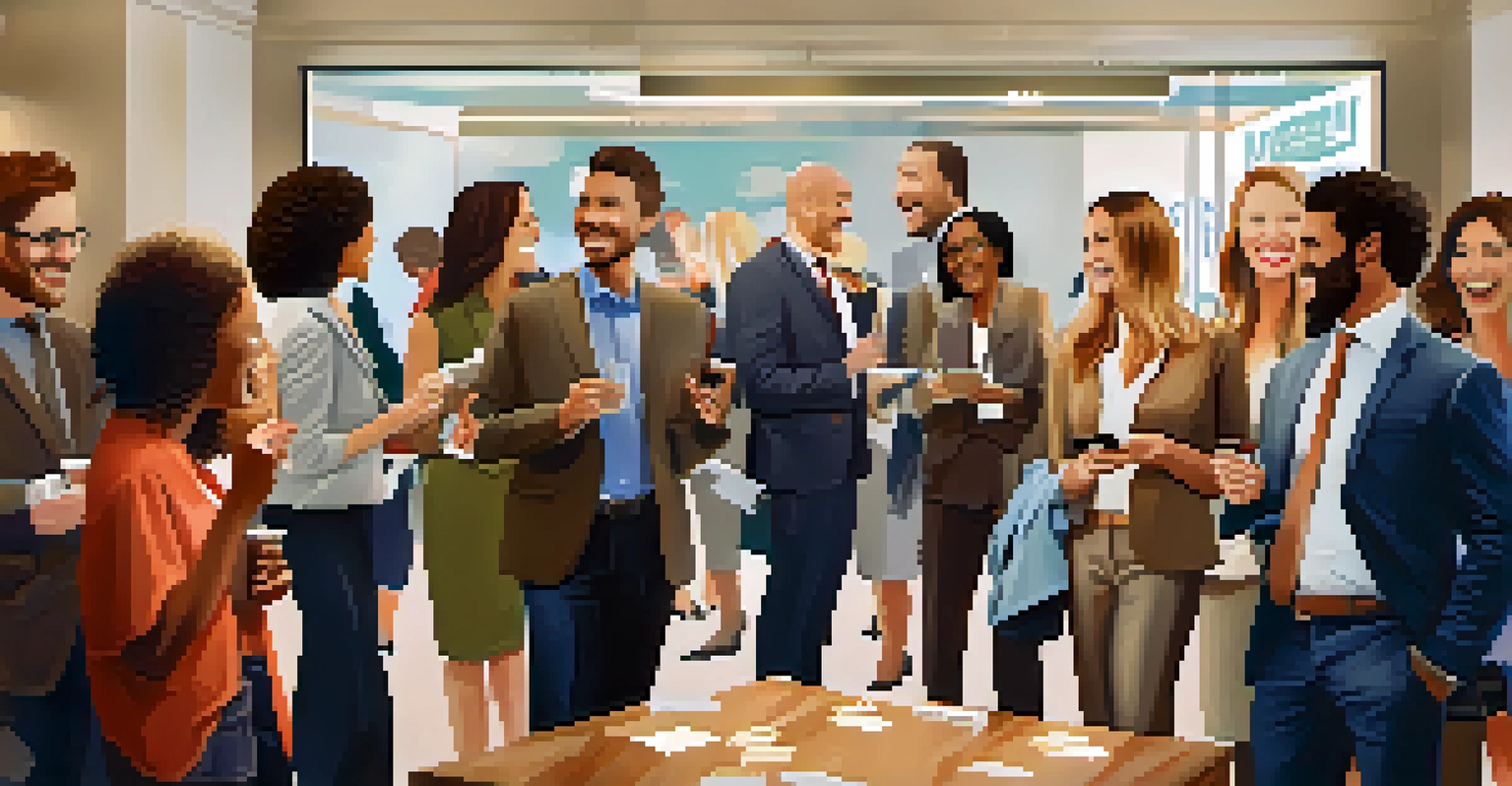 A group of professionals networking at an event, exchanging ideas and business cards.