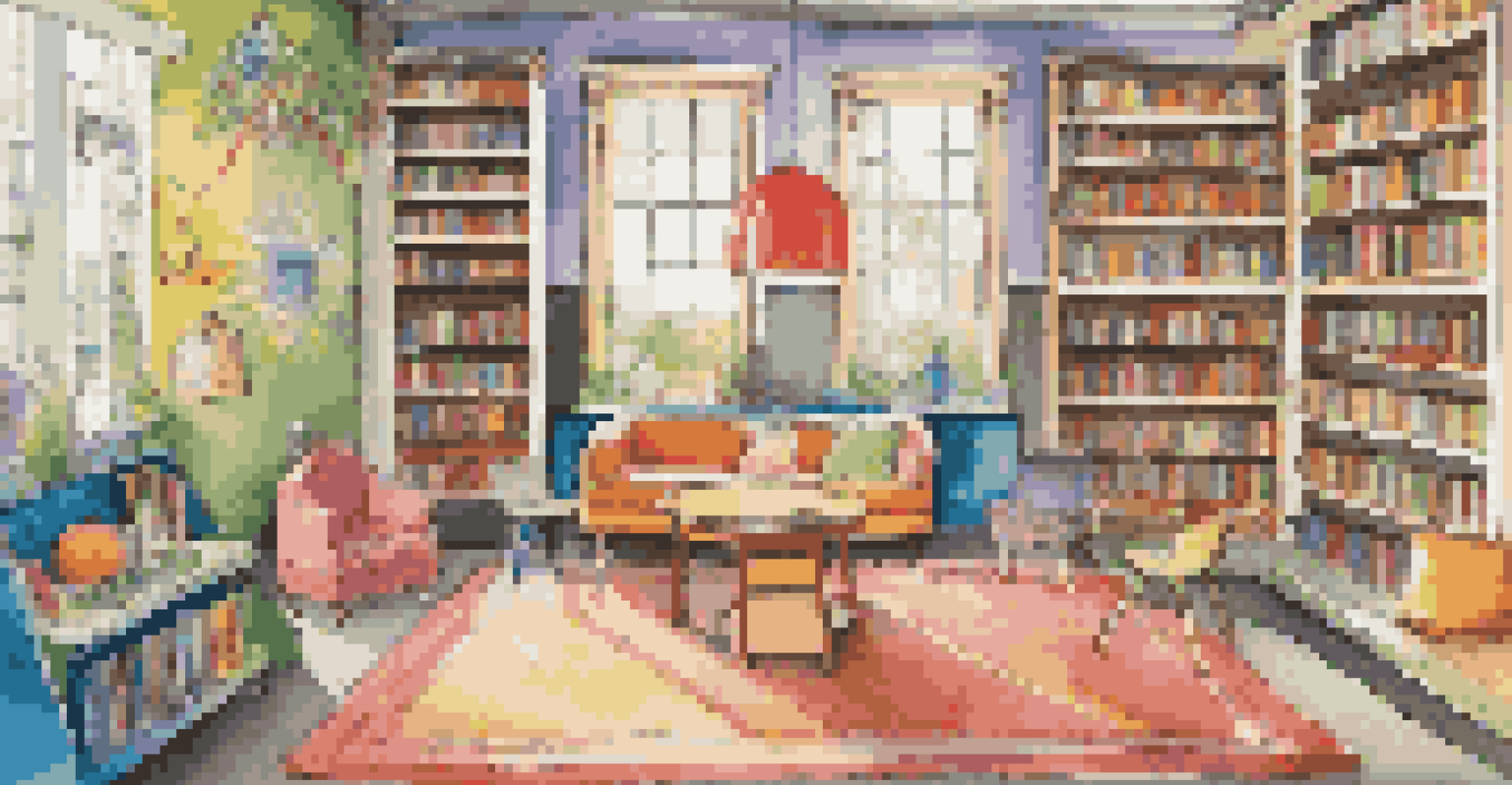 A lively children's reading corner with colorful furniture and playful decorations, where children are enjoying books.