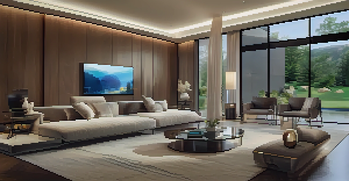A luxurious living room showcasing smart home automation technology with elegant furniture and ambient lighting.