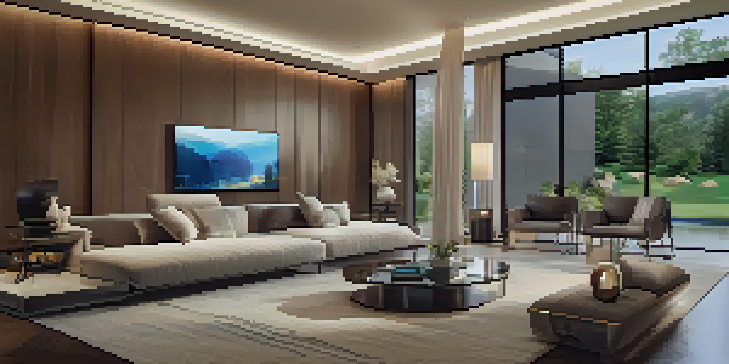 A luxurious living room showcasing smart home automation technology with elegant furniture and ambient lighting.