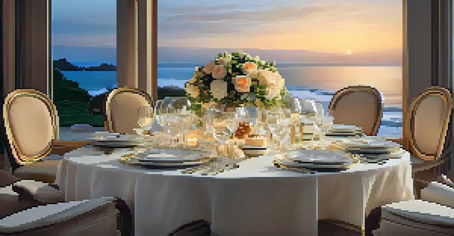 An elegant dining setup at a luxury resort with fine china and a view of the ocean at sunset.