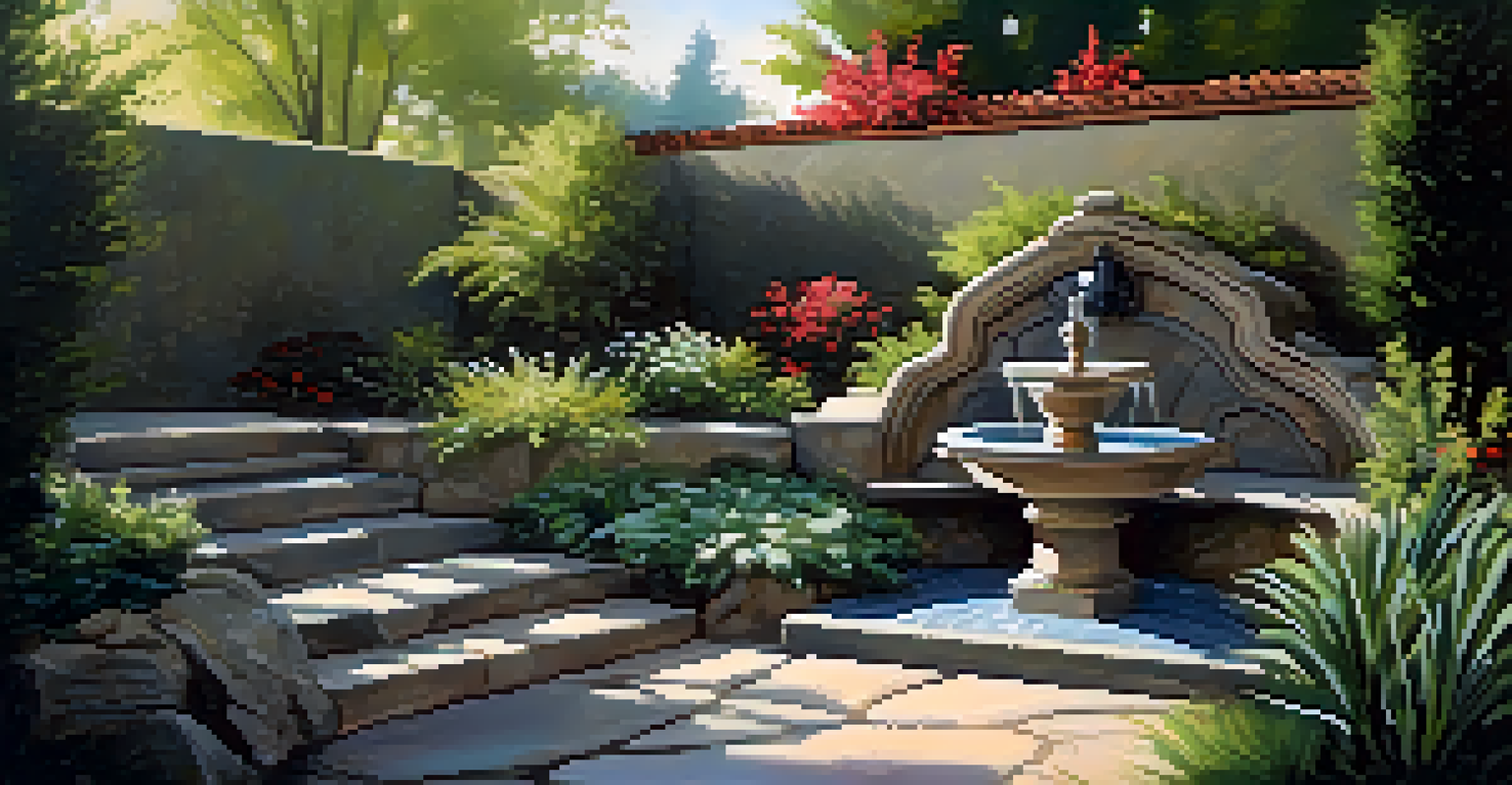 A serene garden nook with native plants, stone hardscaping, and a water fountain, featuring comfortable seating and dappled sunlight.
