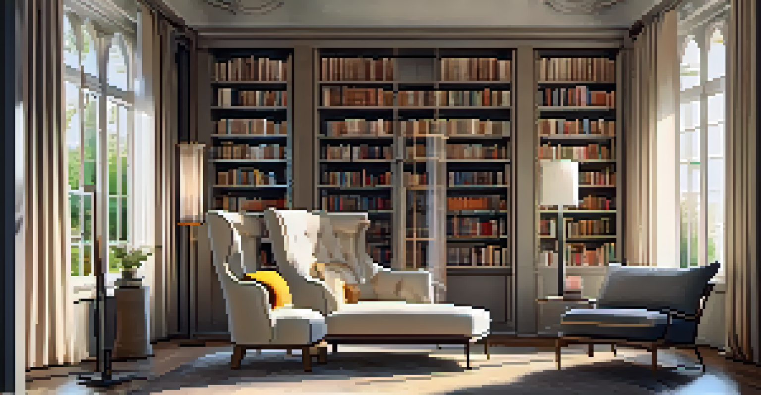 A cozy reading nook in a luxury library with an armchair, floor lamp, and natural light from a large window.