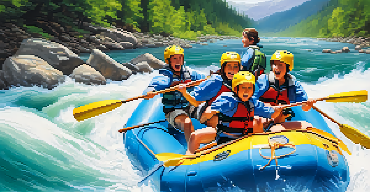 A family white-water rafting on a blue river, surrounded by cliffs and greenery.