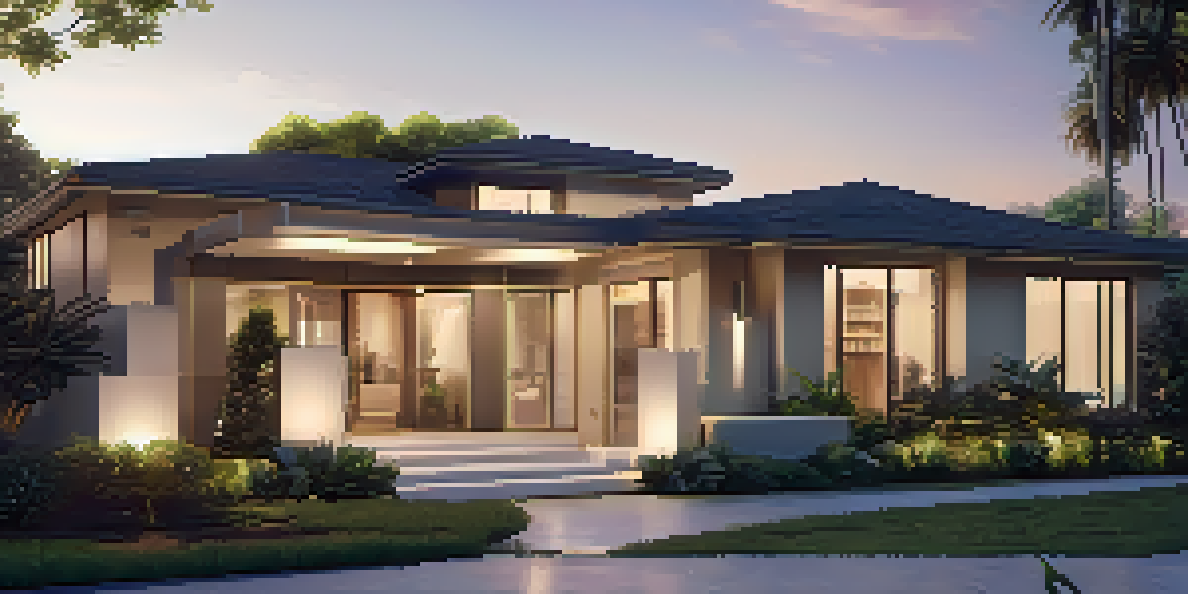 A modern luxury home illuminated at dusk with a landscaped garden and a security camera.