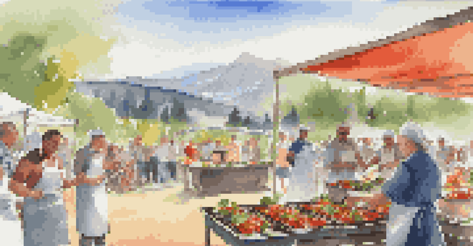 A chef grilling vegetables at an outdoor food festival, with mountains in the background and an audience captivated by the demonstration.