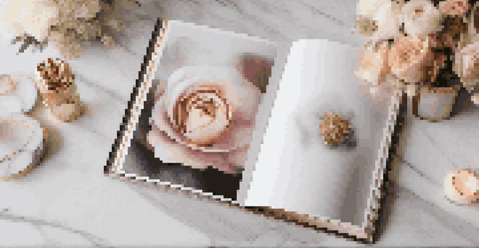 A close-up of a luxury photography portfolio on a marble table, showcasing high-quality prints and a flower arrangement.