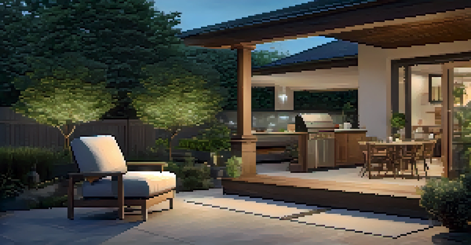 An outdoor garden with smart irrigation, ambient lighting, and comfortable seating.