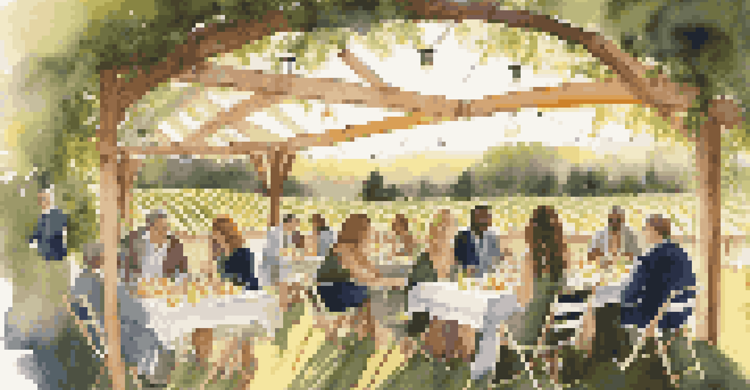 Guests enjoying a wine and cheese pairing event in a picturesque outdoor vineyard during sunset, with cheese boards and wine bottles on picnic tables.