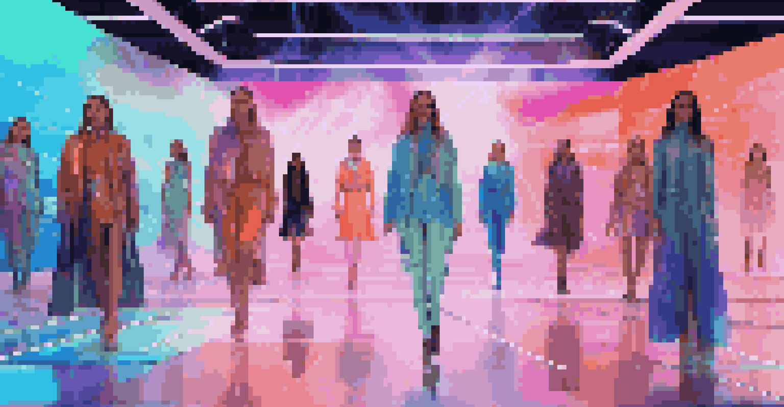 A futuristic virtual fashion show with models on holographic runways, showcasing a mix of clothing styles and vibrant animations.