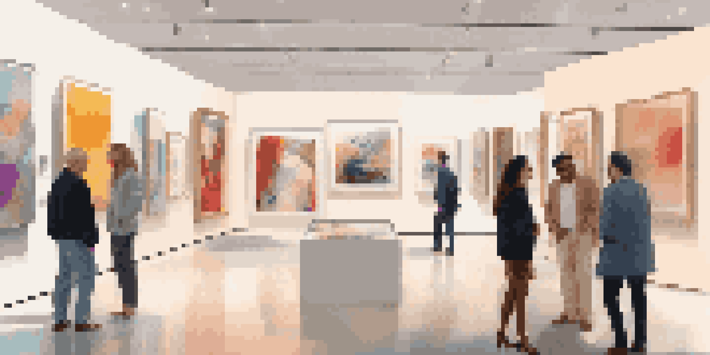 A modern digital art gallery featuring colorful abstract artworks and diverse collectors discussing the pieces in a warmly lit environment.