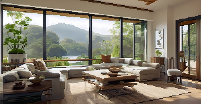 A bright and spacious living room with large windows, bamboo flooring, and eco-friendly decor, showcasing sustainable luxury.