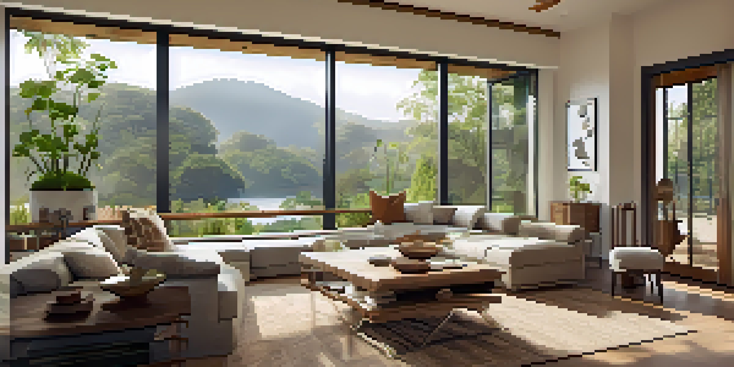 A bright and spacious living room with large windows, bamboo flooring, and eco-friendly decor, showcasing sustainable luxury.