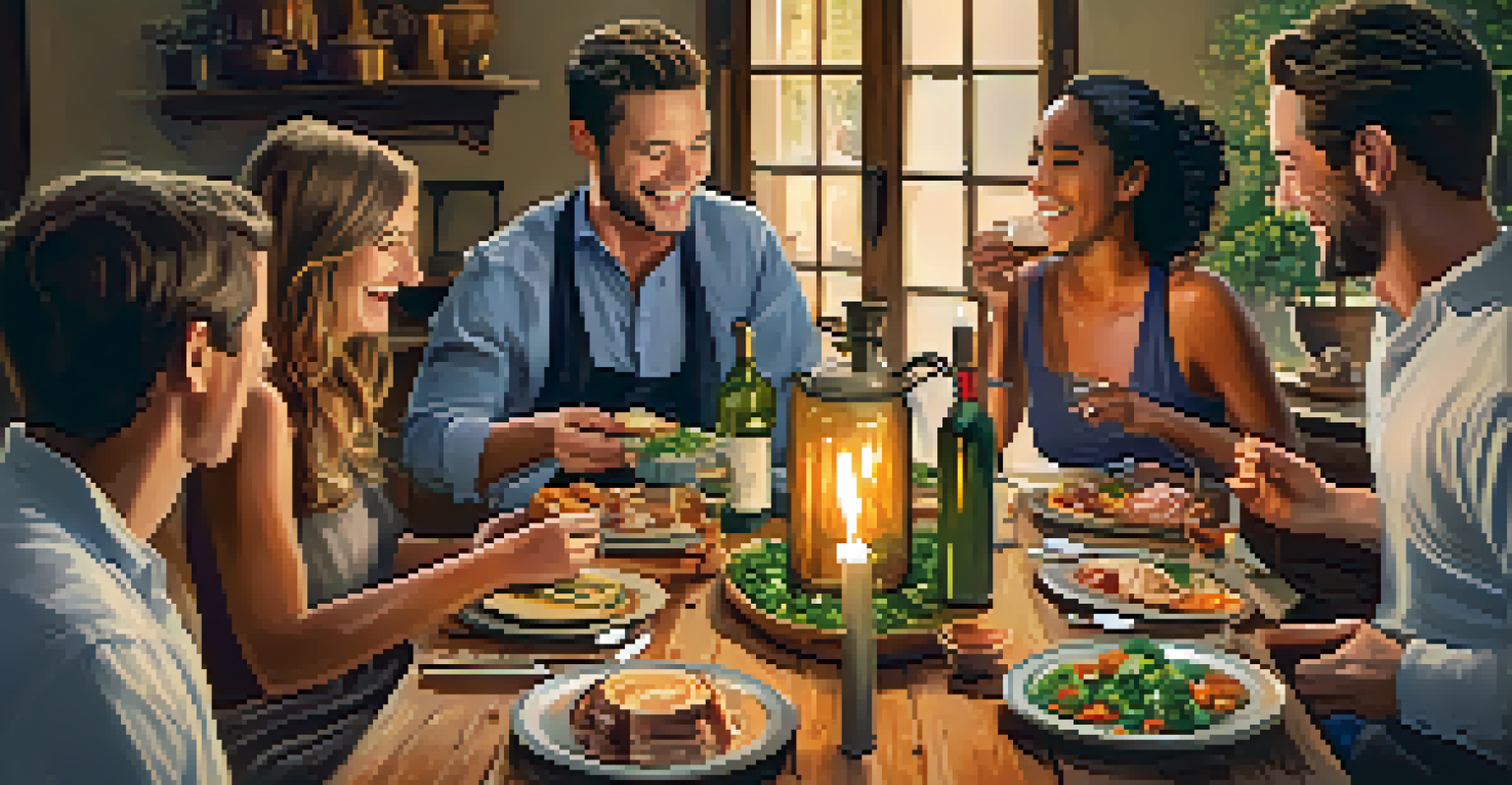 A group of friends sharing a gourmet meal at a rustic table, surrounded by candlelight, after a cooking class.