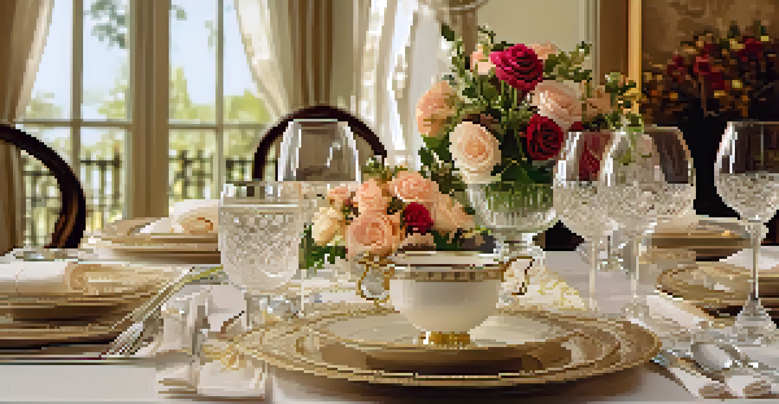 An opulent dining table elegantly set with fine china, crystal glassware, and vibrant flowers, illuminated by soft candlelight.