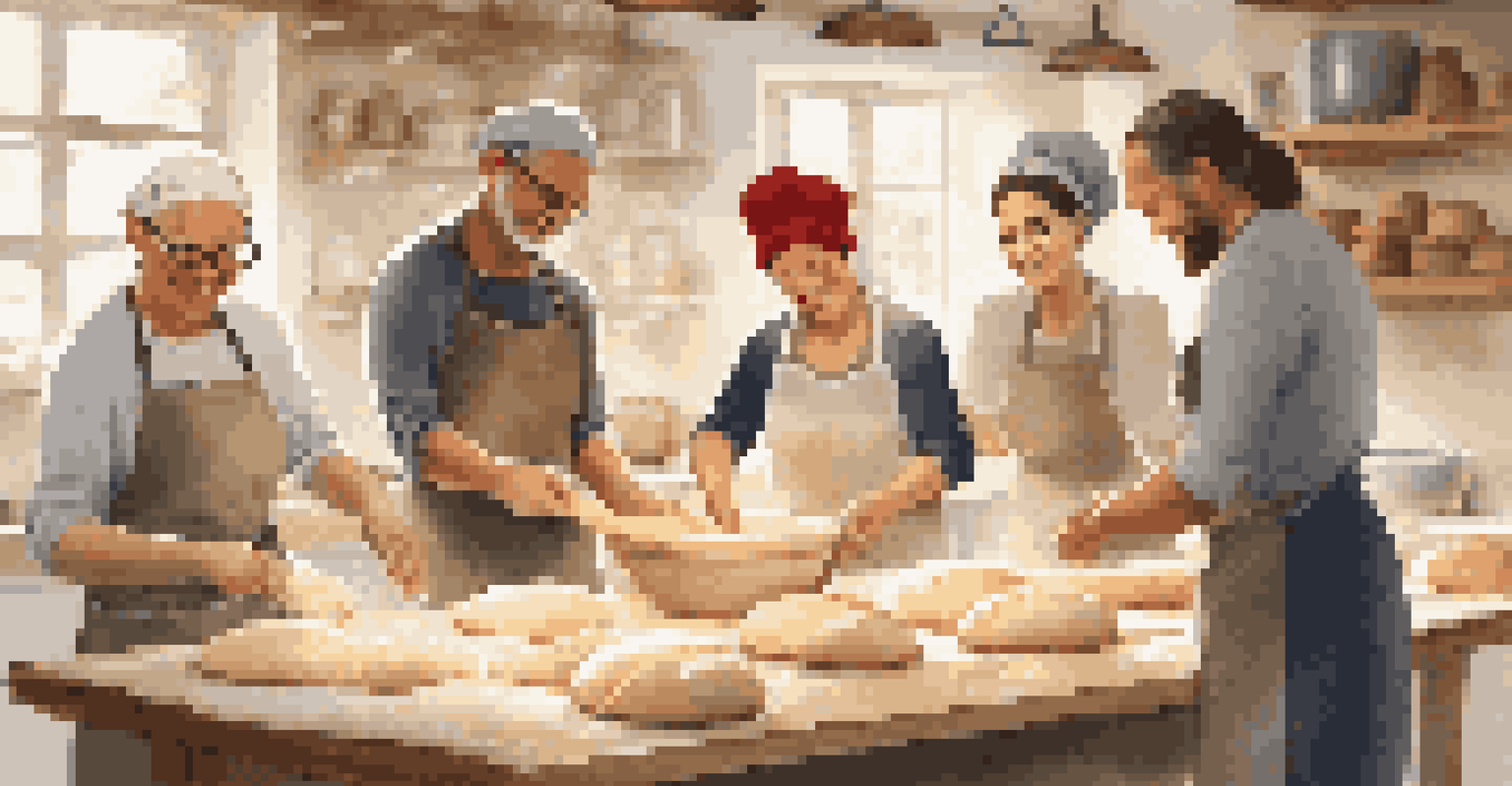 A cozy artisan food workshop with a baker instructing a small group on kneading dough, surrounded by natural light and flour-dusted surfaces.