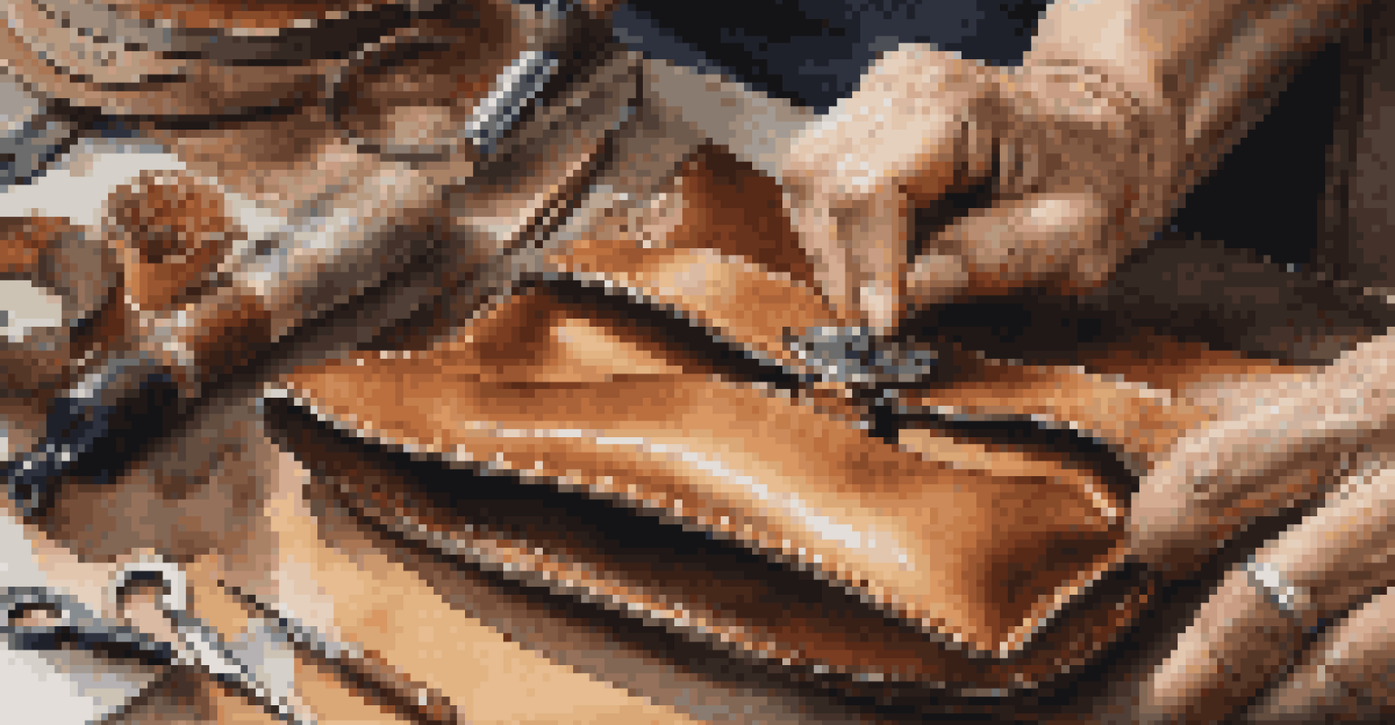 A close-up of an artisan's hands working on a high-end leather handbag, showcasing the leather texture and tools with soft natural lighting.
