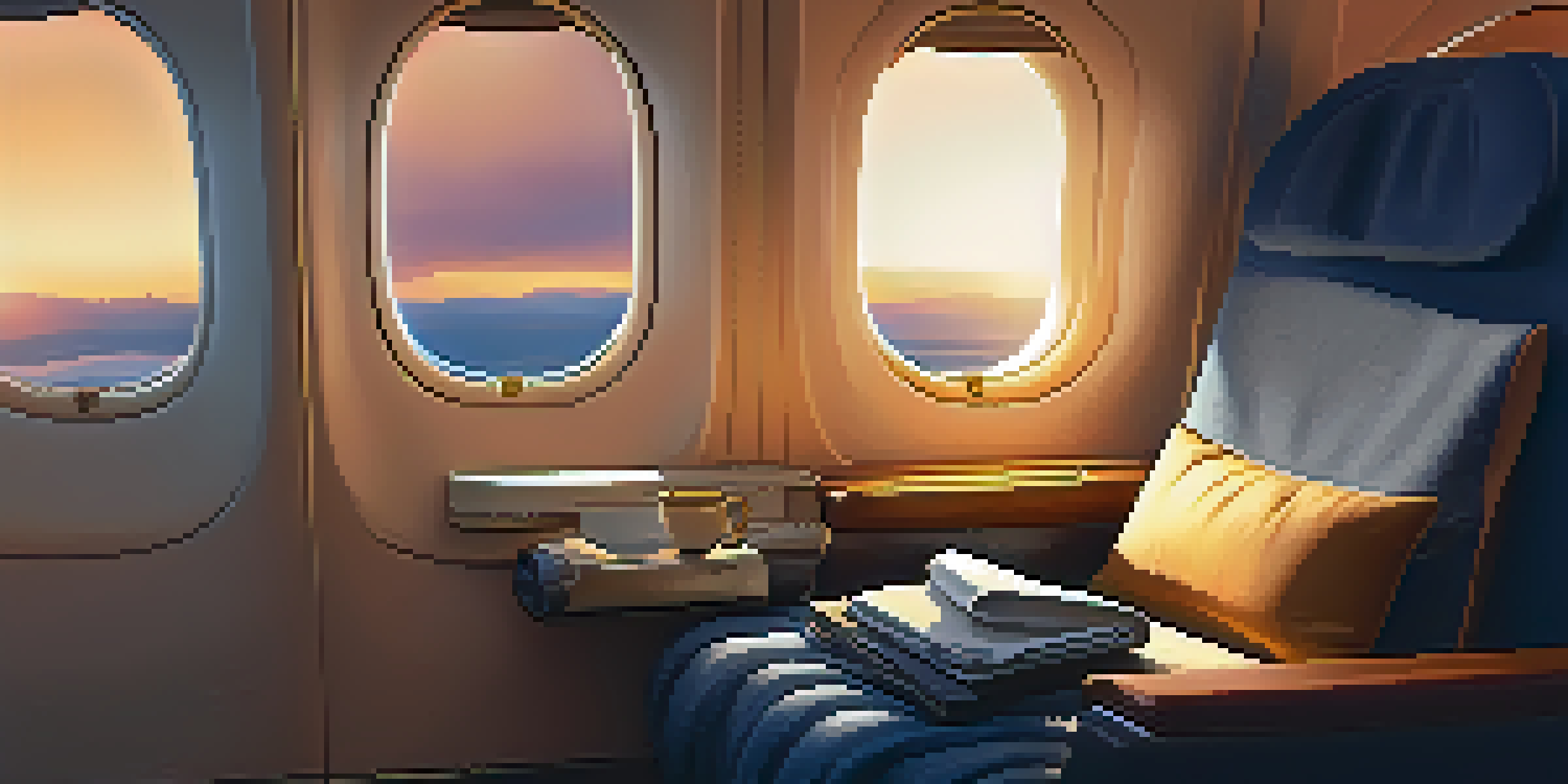 A first-class airplane seat with a plush neck pillow and cozy blanket, illuminated by soft ambient lighting, with a sunset visible through the window.